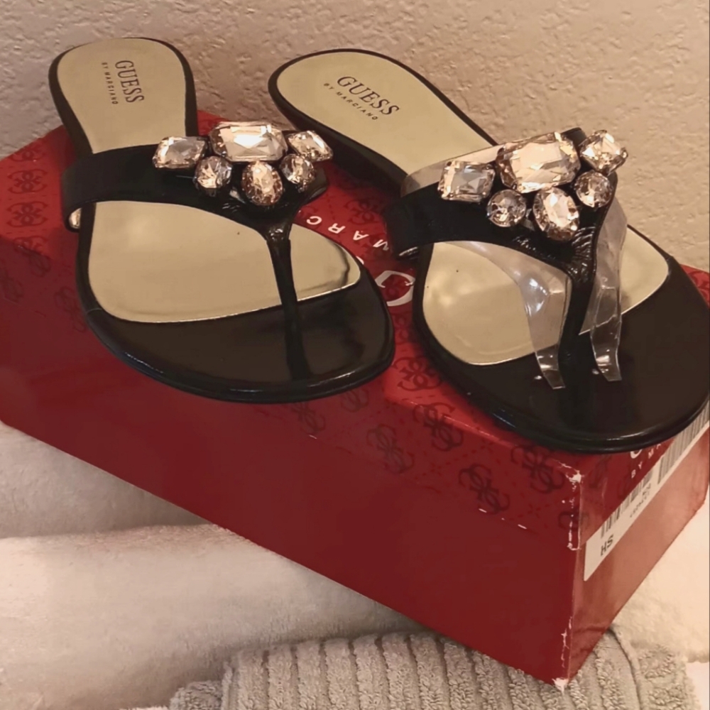 NEW Guess Black Sandals with Gem Details